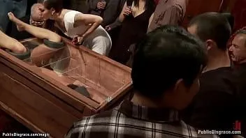 play Slut in wooden glass box public fucked